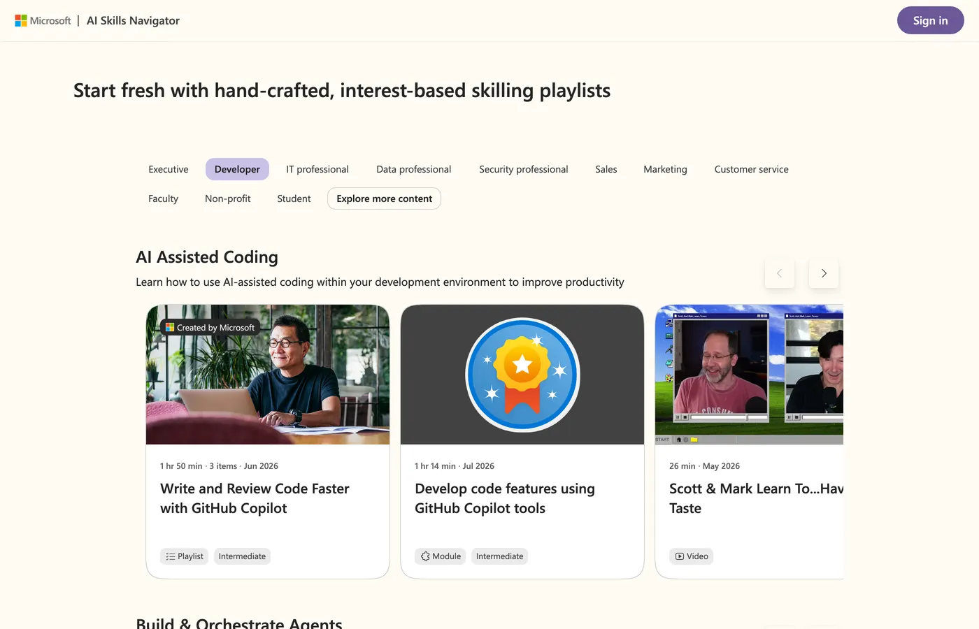 AI Skills Navigator with the Developer role selected, showing the AI Assisted Coding row with a Created by Microsoft playlist, a module and a video