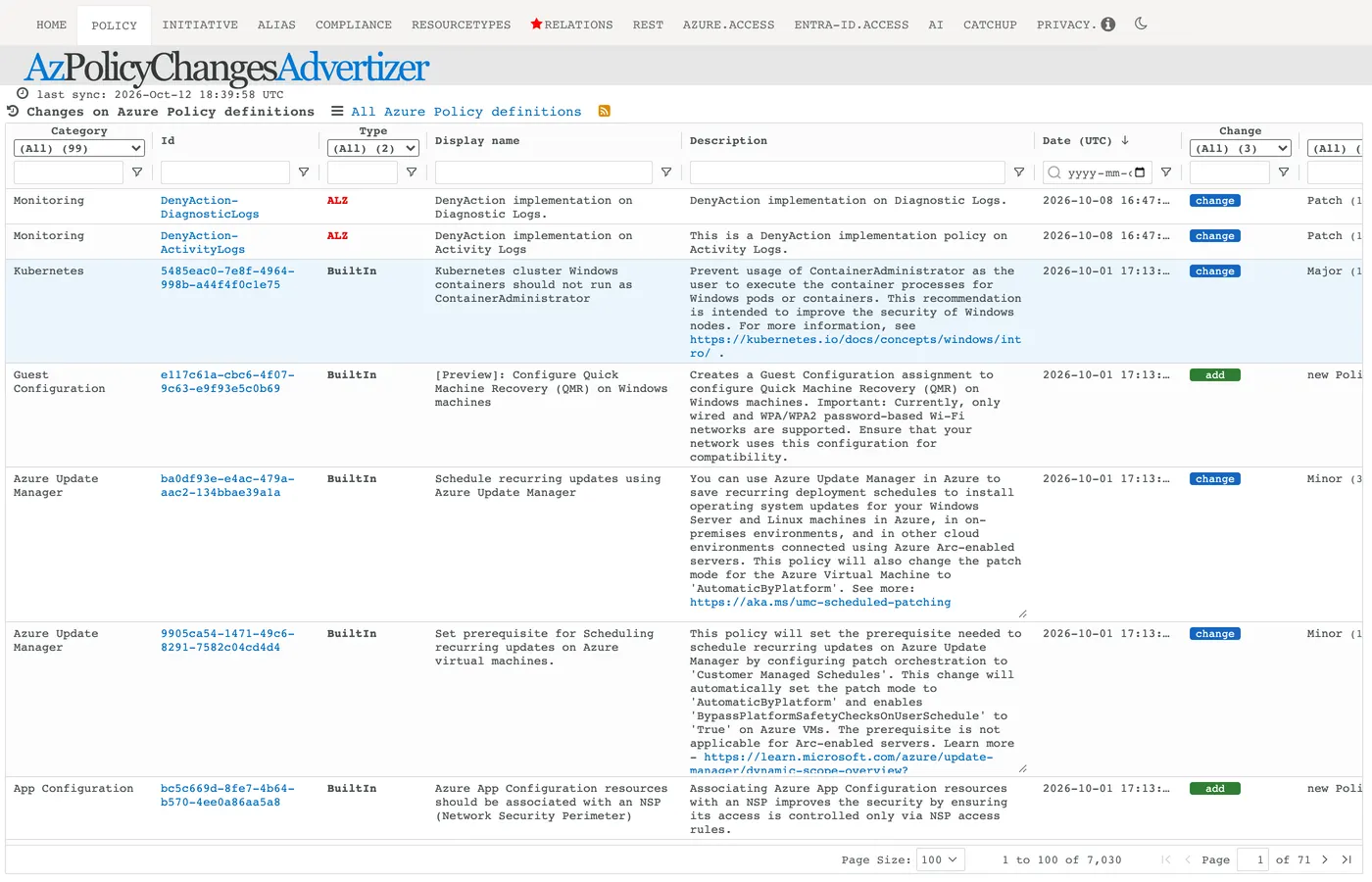 AzPolicyChangesAdvertizer listing recent Azure Policy definition changes, each tagged add or change, with category, ID, type, display name and description columns