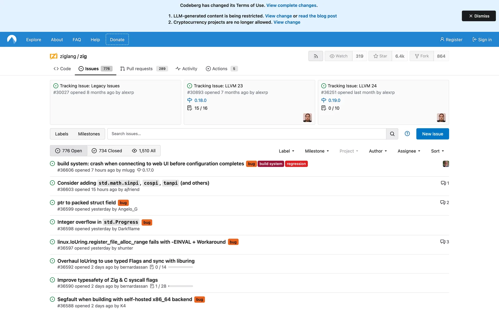 The Zig issue tracker on Codeberg showing 776 open and 734 closed issues, three pinned tracking issues for legacy issues and LLVM 23 and 24, and recent bug reports opened hours and days ago