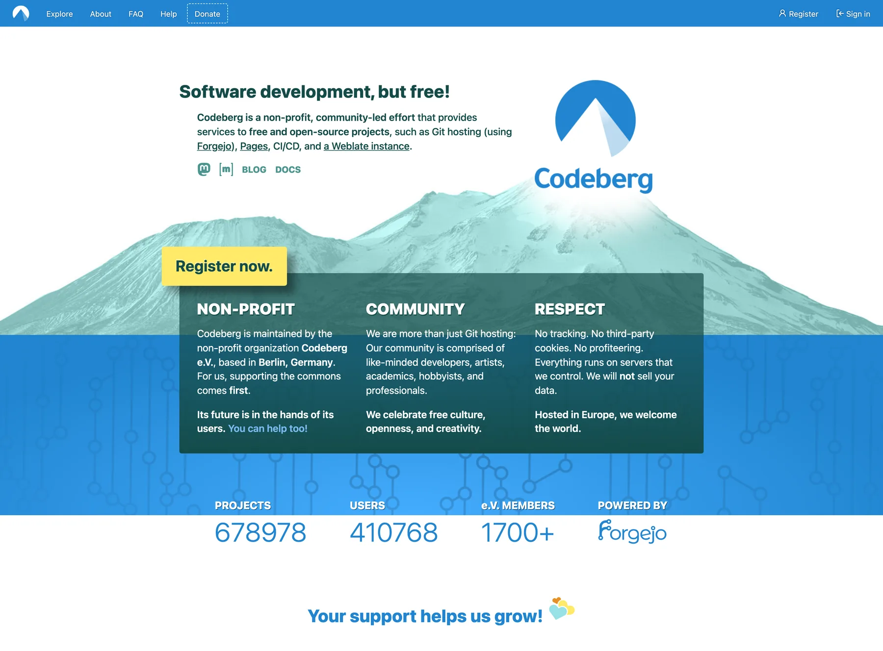 The Codeberg.org homepage on 22 August 2026, showing the tagline 'Software development, but free!' over a teal mountain illustration, the non-profit, community and respect panels, and a stats row reading 678978 projects, 410768 users, 1700+ e.V. members, powered by Forgejo
