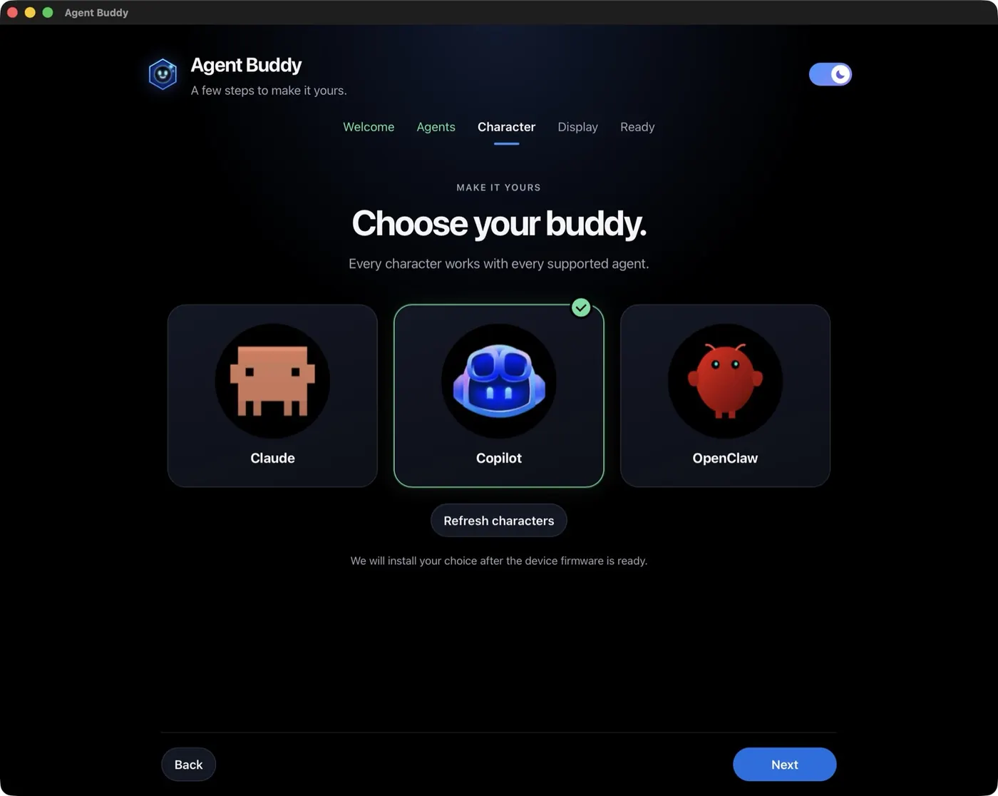 Agent Buddy setup wizard, Choose your buddy step, offering three characters: Claude, Copilot and OpenClaw