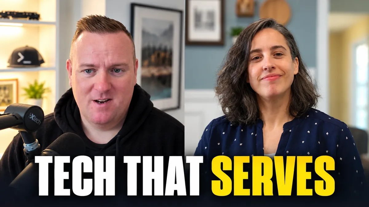 Kevin Evans and Sarah Wimberley side by side on a video call, with the caption 'Tech That Serves.'