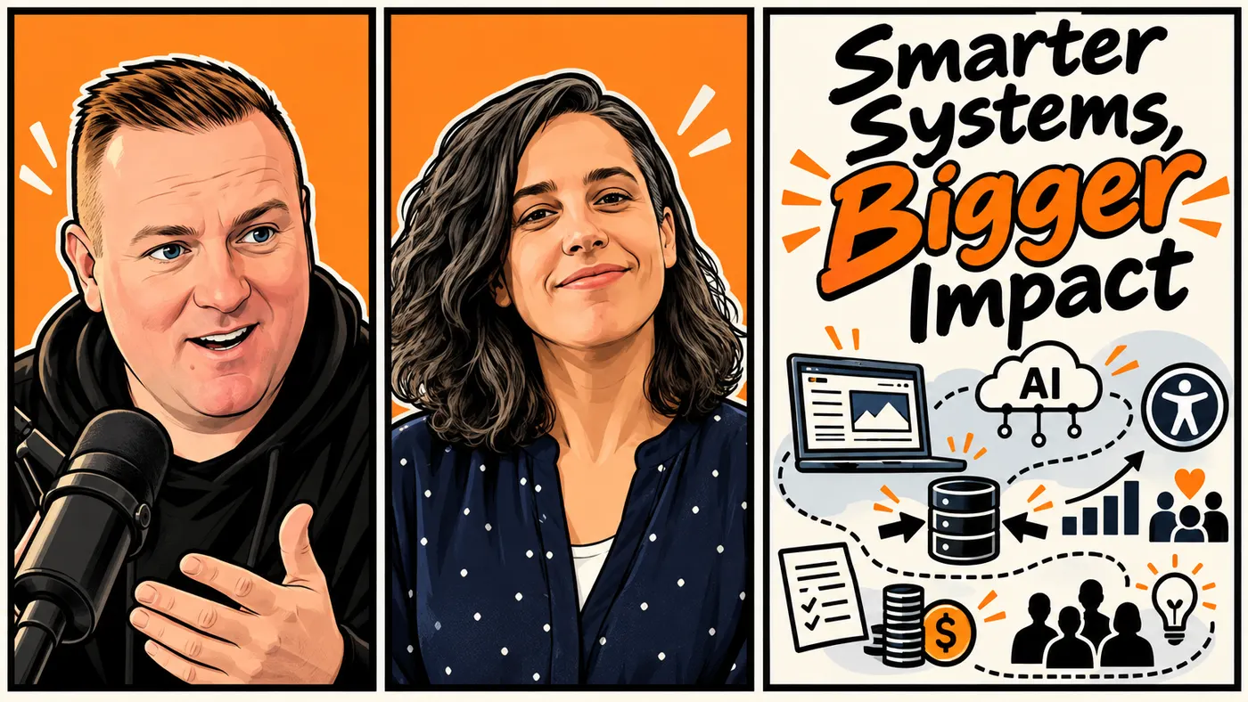Comic-style illustration titled 'Smarter Systems, Bigger Impact,' with portraits of Kevin Evans at a podcast microphone and Sarah Wimberley beside a panel of icons for a website, AI, accessibility, a database, donations and volunteers.