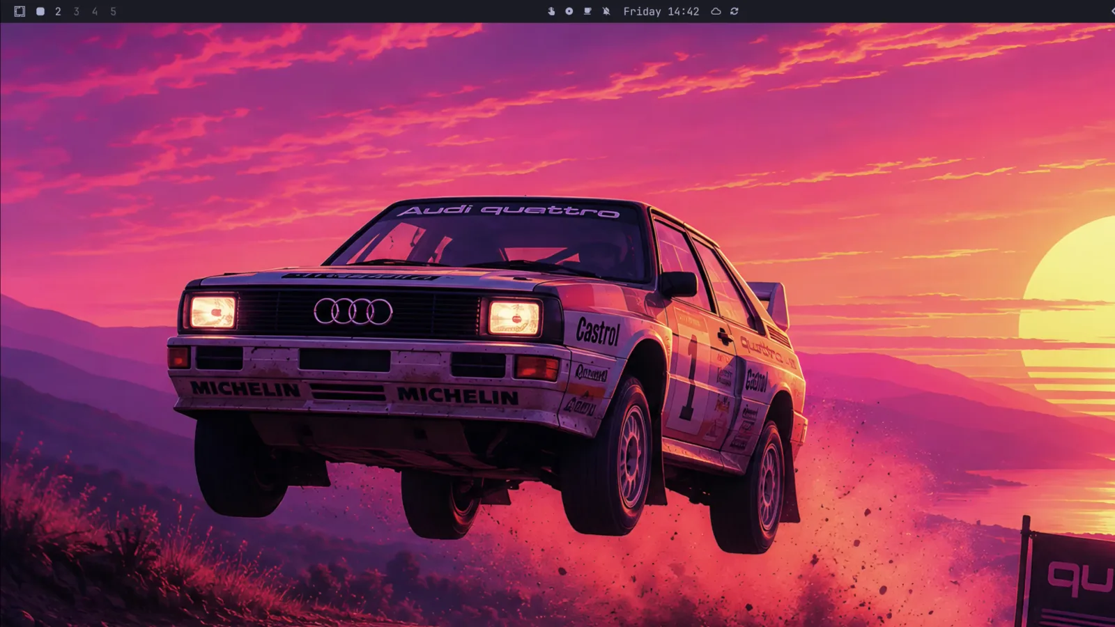 The Omarchy 4 Quattro desktop on Arch Linux, showing the new Quickshell top bar with workspace indicators and system tray, over the Audi quattro rally wallpaper shipped with the release