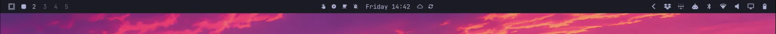 The Omarchy 4 top bar rendered by Quickshell — workspace indicators on the left, clock and status toggles in the centre, system tray and battery on the right