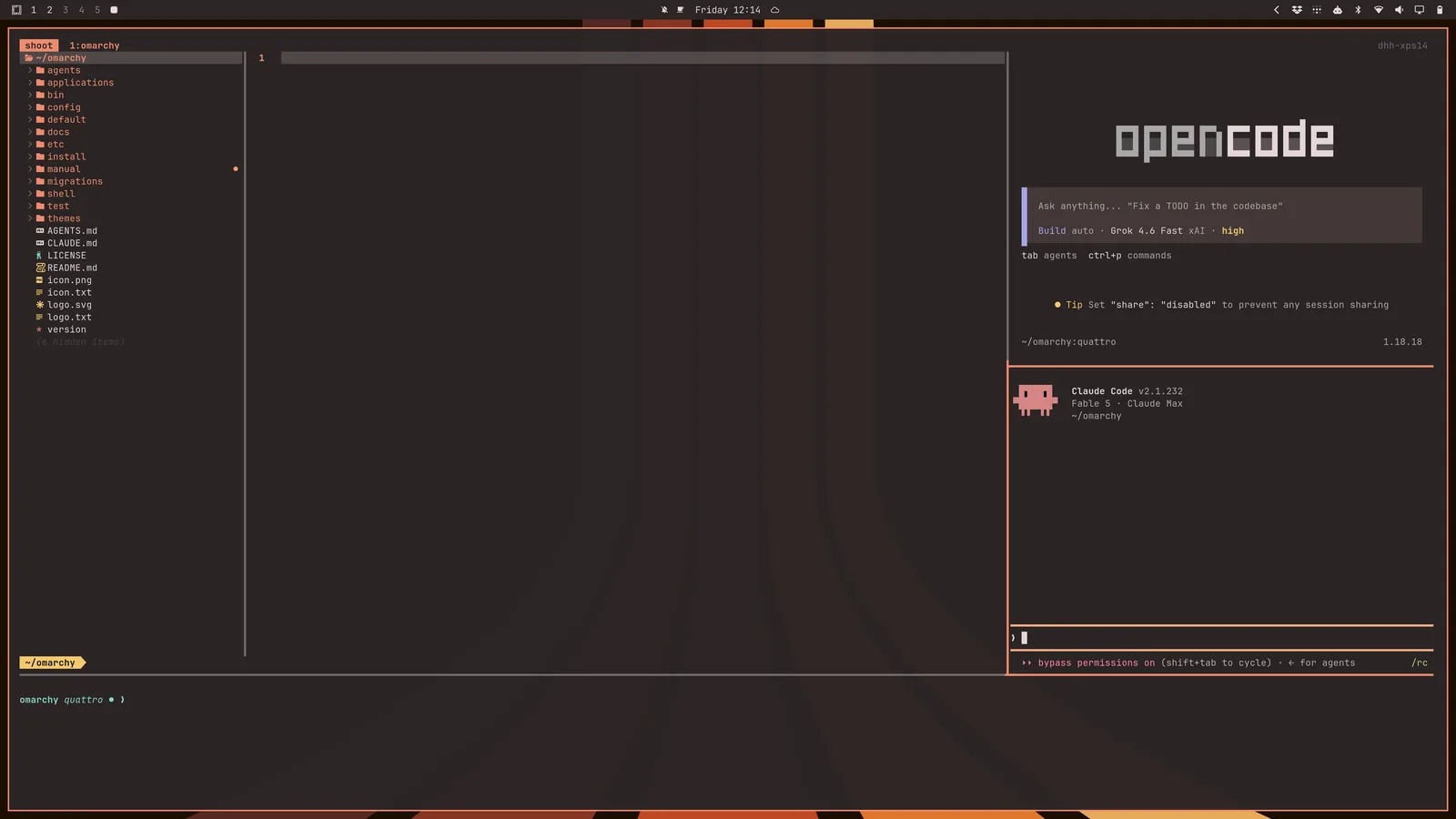 The Omarchy tdl c cx tmux layout: a Neovim file tree on the left, OpenCode running top right, Claude Code bottom right, and a terminal along the bottom